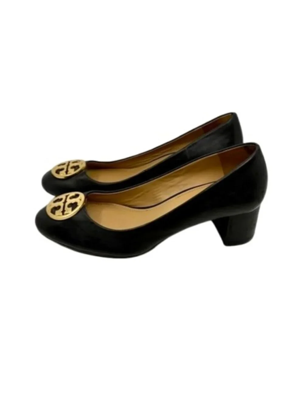 TORY BURCH~Chelsea 50mm Black Napa Leather Block Heel Pumps Gold Logo SZ 8